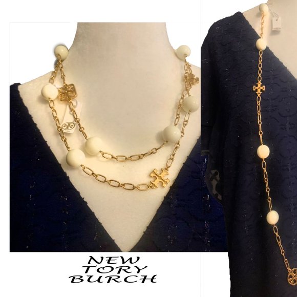 Tory Burch Jewelry - NWT tory burch colorful evie logo chain rosary necklace gold toned and white